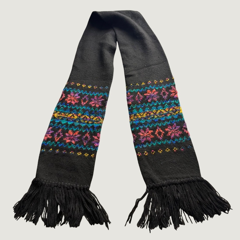 Aris Scarf OS Fair Isle Winter Knit Acrylic Fringe Trim Black Vintage 90s